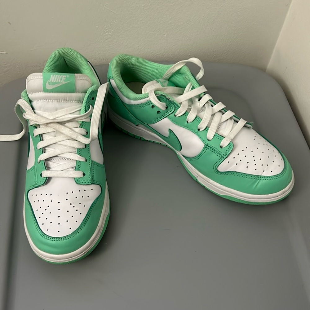 Green and white Nike Dunks